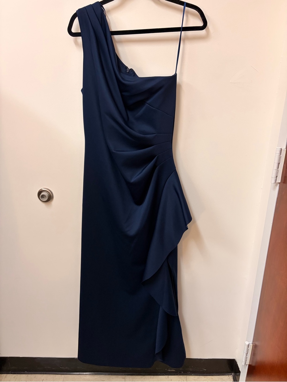 Xscape Navy One-Shoulder Ruffled Evening Gown